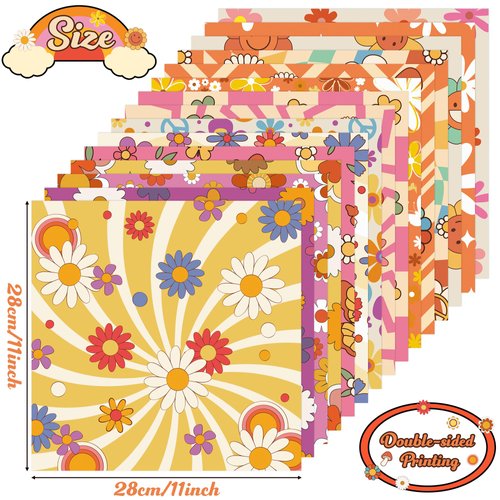 Haooryx 60pcs Groovy Hippie Flower Patterned Paper Set, Double Sided 11’x11’ Retro Colorful Boho Floral Scrapbook Specialty Paper Cute Groovy 90’ DIY Origami Paper Card Making Giftwrap Decor