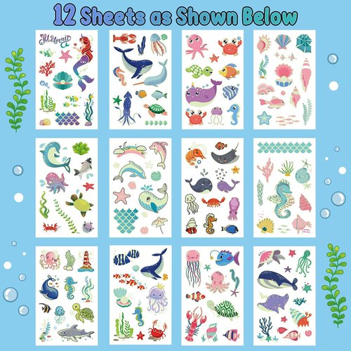 Cerlaza 145 Styles Glow Temporary Tattoos for Kids Girls Boys, Luminous Underwater Birthday Party Decorations, Under Sea Ocean Beach Pool Party Supplies Favors, Sea Animals Tattoo Stickers