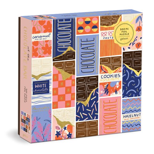 Galison at The Chocolate Bar – 500 Piece Foil Puzzle of Chocolate Bar Wrapper Artwork with Gold Foil Accents