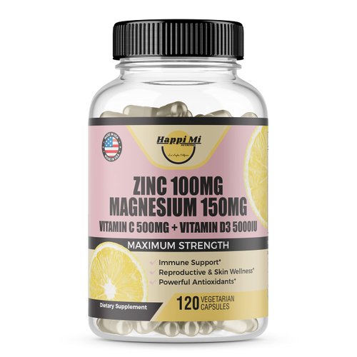 Happi Mi Nutrition Zinc, Zinc 100mg, Magnesium Glycinate 150mg, Vitamin D3 5000 IU, Vitamin C 500mg Per Serving, Immune support, Immune Booster, Zinc Magnesium, Elemental Zinc, Antioxidant Support