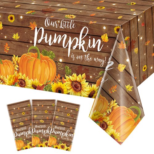 3Pcs Pumpkin Rustic Wood Baby Shower Tablecloths,Plastic Our Little Pumpkin Boy Girl is on The Way Baby is Brewing Theme Table Cover Runner for Thanksgiving Baby Shower Party Supplies,54×108 inches