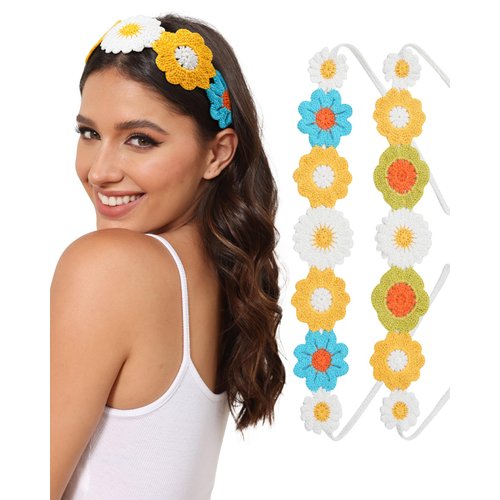 AWAYTR Crochet Headbands for Women Hippie Headband Bandana Tie-Back Knit Headband for Girls Wide Head Bands Floral Crochet Headwrap (Yellow + Green/Blue + Yellow)