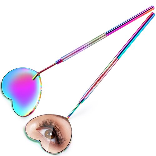2 Pieces Lash Extension Mirror Lash Mirror for Eyelash Extensions Valentine's Day Lash Extensions Heart Shape Strong Stainless Steel Eyelash Mirror Rainbow Color Mirror for Makeup Lash Supplies Tools