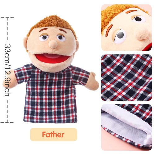 1 Pcs Family Hand Puppets 12 Inch Grandparents, Mom & Dad, Brother & Sister Plush Hand Puppet Toys Role-Play Toy Puppets for Kids Storytelling Imaginative Pretend Play Teaching Preschool(Dad)