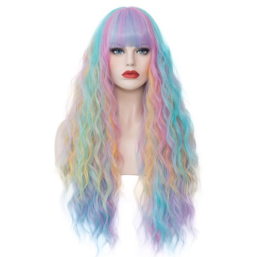 WGPFWIG Women's Bangs Rainbow Wig 27 Inches Long Curly Wavy Hair Wig Heat Resistant Fibers Synthetic Wig For Women Girl Cosplay Party Halloween Wig Cap Included (Bangs Rainbow)