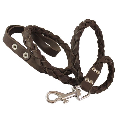 Round Fully Braided Genuine Leather Dog Leash, 4 Ft x 5/8" (15mm), Medium Breeds