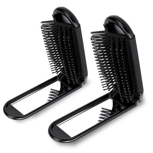 Mini Hair Brush with Mirror, 2 Pack Portable Folding Wet Hairbrush Pocket Size Massage Comb Foldable Compact Travel Hair Brush Hair Styling Tools for Women, Men (Black)