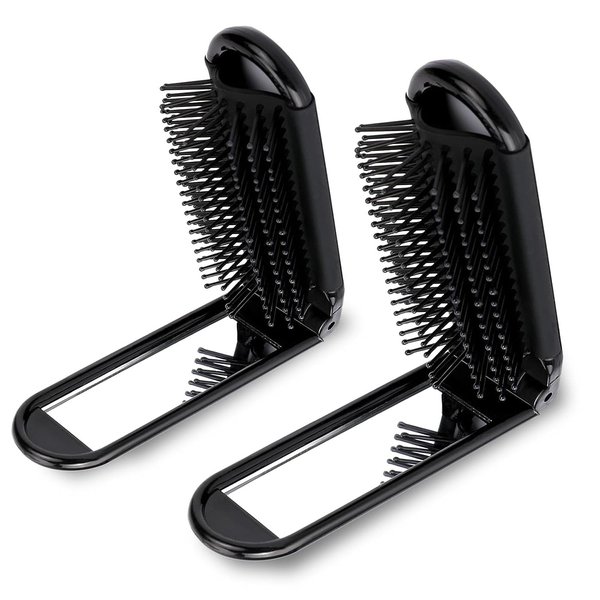 Mini Hair Brush with Mirror, 2 Pack Portable Folding Wet Hairbrush Pocket Size Massage Comb Foldable Compact Travel Hair Brush Hair Styling Tools for Women, Men (Black)
