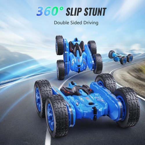 CoziBB Remote Control Car, RC Cars with Strip Lights and Headlight, 2 Hours Long Battery Life, 4WD Double-Sided 360° Flips Rotating Stunt RC Car Toys, Birthday Gift for Boys Girls (Blue)