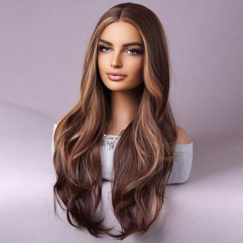 WTHCOS Brown Wig Long Curly Wavy Hair Wig Side Part Wig for Women Mixed Brown Wig Heat Resistant Synthetic Hair Wigs for Daily Use Cosplay Wig With Wig Cap
