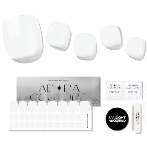 Adora Couture Semi Cured Gel Nail Strips Pedicure Stickers | 32pcs Glossy White Toe Nail Stickers | Gel Nail Pedi Strips | Gel Nail Wraps Semi Cured | Salon Nails at Home - Requires UV Light (White P)