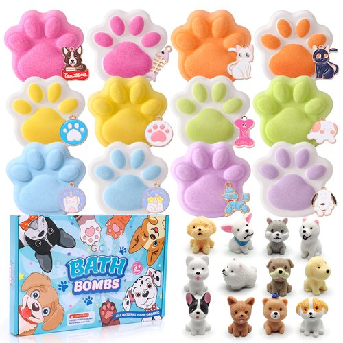 G.C Paw Bath Bombs for Kids Girls Boys with Puppy Toys Surprise Gift Non-Inside, 12Pcs Bubble Bath Fizz Balls & Necklace, Organic Natural Toddler Cute Bath Bombs Bulk Bathbombs Birthday Gift for Girl