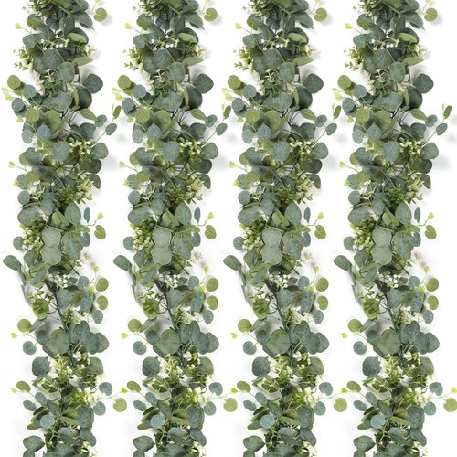 SOMYTING Artificial Eucalyptus Garland with White Flowers 4 Packs 5.9Ft Silver Dollar Eucalyptus Garland Faux Leaves Greenery Garland Table Runner Vines for Wedding Arch Mantle Party Room Decor (4PCS)