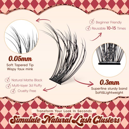 VYRILA Lash Clusters 0.05mm PBT Fiber Eyelash Clusters, 0.3mm Superfine Soft Band D Curl Diy Lash Extension, 160pcs 8-16mm Individual Lashes Clusters Like Eyelash Extensions (40D-D-8-16Mix)