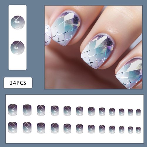 Short Fake Nails, Glue On Nails Short,Short Nails Press on, Press on Nails Short Square Acrylic False Nails with Purple Ombre Plaid Press ons Designs Artificial Nails Stick on Nails for Women 24Pcs