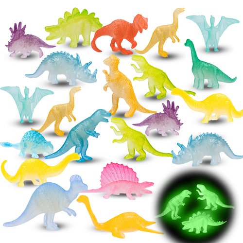 48Pcs Glow in Dark Mini Dinosaur Figures Birthday Party Favors Supplies Dino Cupcake Toppers Goodie Bags Stuffers Pinata Filler Classroom Prizes Treasure Toy Class Valentines Day Gifts Kid Boy Girl