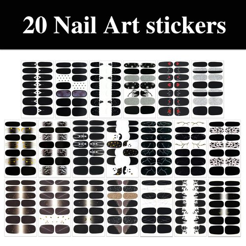WOKOTO 20 Sheets 280 Pieces Black Nail Stickers Full Nail Wraps French Style Stick On Nail Polish Strips Black Gel Nail Strips Delf Adhesive Punk Gel Nail Sticker for Women Girls Kids with Nail File