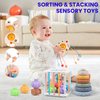 WAWAMINGZ Montessori Baby Toys 6-12 Months, 4 in 1 Toddlers Baby Toy Gifts 1 Year Old Boys Girls for 0, 6, 9, 12, 18 Months, Pull String Teether, Infant Stacking Blocks, Sensory Shapes Bin