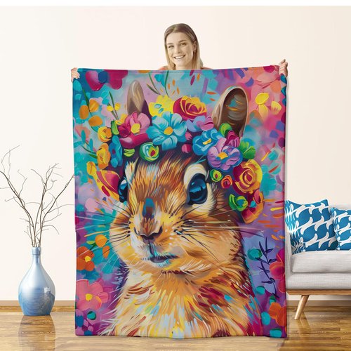 Squirrel Blanket for Kids Adults, Flannel Squirrel Blankets Gifts, Colorful Floral Squirrel Throw Blanket for Sofa Couch Bed Living Room Soft Warm Cozy Squirrel Decor 60" x 50"