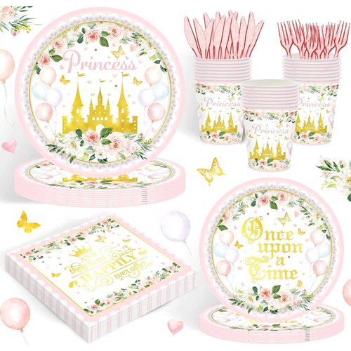 120PCS Princess Party Supplies for Girls Kids Baby Shower 1st Birthday Fairytale Castle Themed Party Decorations Once Upon A Time Disposable Tableware Set Plates Napkins Cups Set for 20 Guests