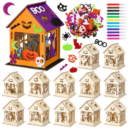 Cinnvoice 12 Sets Wooden Thanksgiving Halloween Houses Fall Graffiti Crafts Pumpkin Wood House Ghost Table Decor 12 DIY Unfinished Craft Kit 12 Watercolor Pens 100 Foam Stickers(Halloween Style)