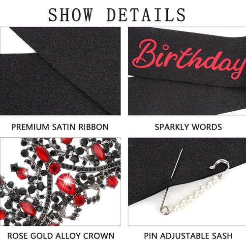 CAVETEE Princess Crown and Birthday Princess Sash,Black and Red Birthday Tiara With Glitter Sash for Princess Party Decorations Happy Birthday Accessories Birthday Crown and Tiara for Women Girls
