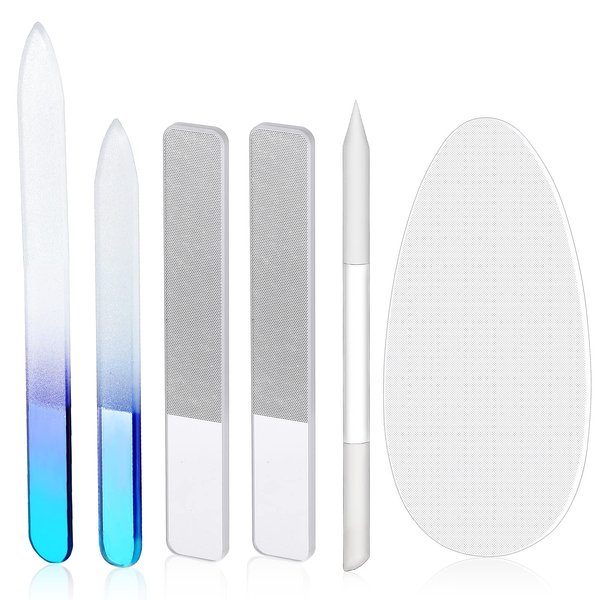 6 Pcs Glass Nail File and Nail Shiner Set includes 2 Manicure Pedicure Glass Nail File 1 Cuticle Trimmer 2 Nano Finger Nail File 1 Nano Foot Scrubber Callus Remover Foot Care Pedicure (Blue Gradient)