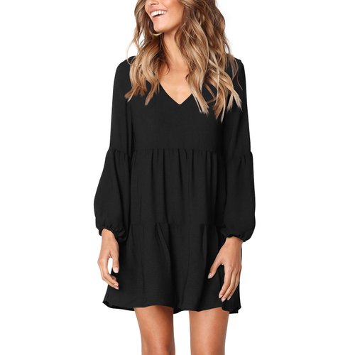 Amoretu Women Summer Casual Swing Ruffle Long Sleeve Tunic Dress Black L