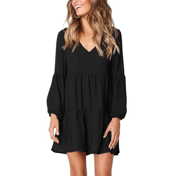 Amoretu Women Summer Casual Swing Ruffle Long Sleeve Tunic Dress Black L