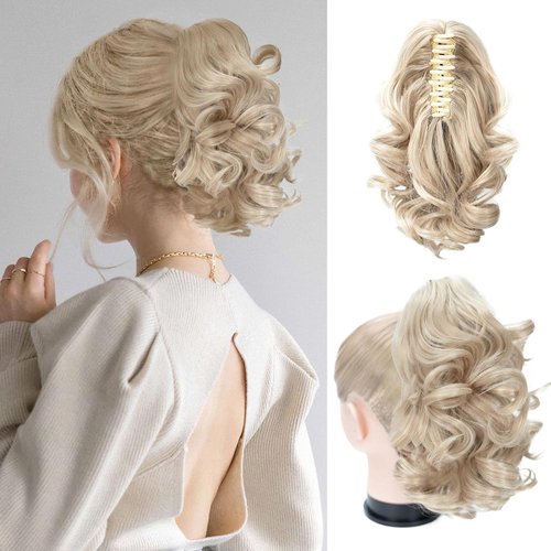 Foaoit Blonde Ponytail Extension Curly Hair Pieces for Women 10 Inch Short Curly Ponytail Hair Clip In Loose Curly Wavy Synthetic Hair Exctensions for Girls (Light Ash Brown & Bleach Blonde)