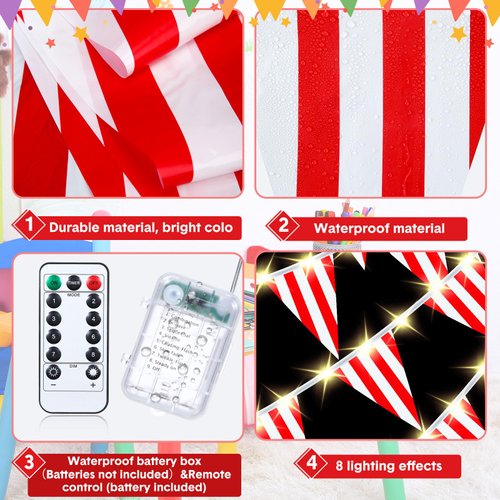 Aurelema Carnival Circus Party Decorations 32.8ft Light up Red and White Pennant Banner Flags Striped Carnival Bunting Banner with 8 Modes Battery Operated String Light Triangle Bunting Flags