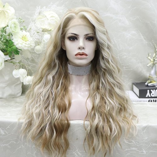 IMSTYLE Long Brown Blonde Wigs: 13x4 Synthetic Lace Front Wig, Highlight Blonde Curly Wig Hair Heat Resistant Fiber Natural Hairline Daily Wig 24Inches (Brown Blonde)