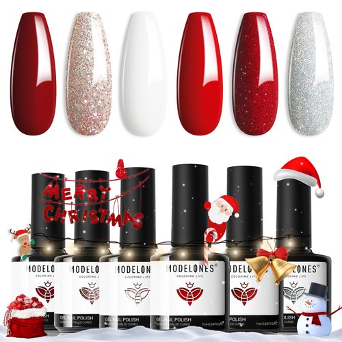 modelones Red Gel Nail Polish Set 6 Colors, White Glitter Sparkle Bright Burgundy Dark Rose Champagne Silver Candy Cane Nail Gel Kit Soak Off Christmas Nail Art Gel Design Mani Salon DIY Gift Women