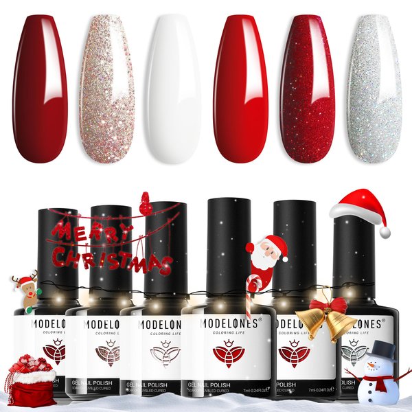 modelones Red Gel Nail Polish Set 6 Colors, White Glitter Sparkle Bright Burgundy Dark Rose Champagne Silver Candy Cane Nail Gel Kit Soak Off Christmas Nail Art Gel Design Mani Salon DIY Gift Women