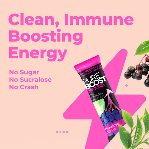 Pureboost Immune Clean Energy Drink Mix: Immunity Supplement with Elderberry, 1200 mg Vitamin C, Vitamins A + D, Zinc., 28 Vitamins, Minerals and Supernutrients (Elderberry Power, 30 Count)