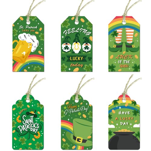 120 Pcs St. Patrick's Day Gift Tags, St. Patrick's Day Decorations Accessories Lable Tags, Irish Shamrock Clover Gnomes Gifts Tags for Green Day