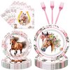 Horse Birthday Party Supplies Tableware - 96 Pcs Cowgirl Birthday Party Decorations, Horse Themed Party Paper Plates and Napkins Sets with Forks, Western Baby Shower Disposable Dinnerware, Serves 24