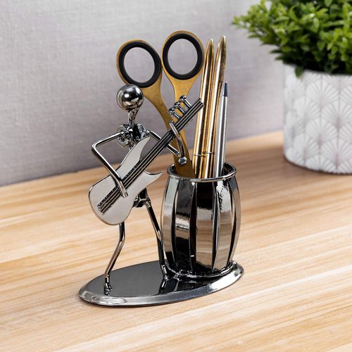 MyGift Decorative Gunmetal Gray Metal Desk Pen Holder Cup with Rocker and Guitar Design, Office Supplies Organizer Pencil Cup