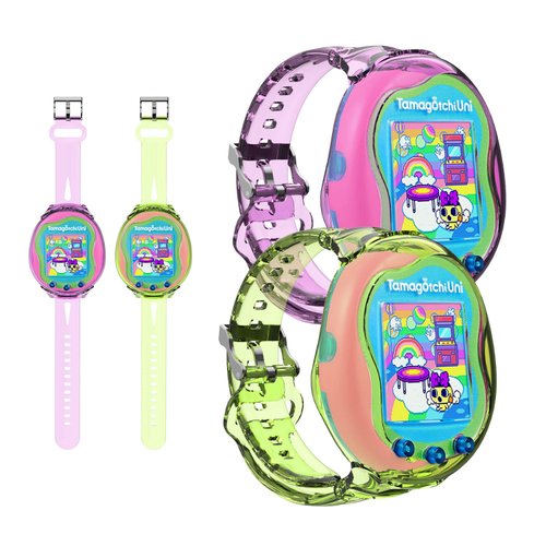 DZHAXIE Wristband for Tamagotchi Uni [2Pack], TPU Bracelet Holder Compatible with Tamagotchi Uni, Adjustable TPU Protective Tamagotchi Uni Case for Kids Teen Adults 6.3-8.85" (Purple+Yellow)