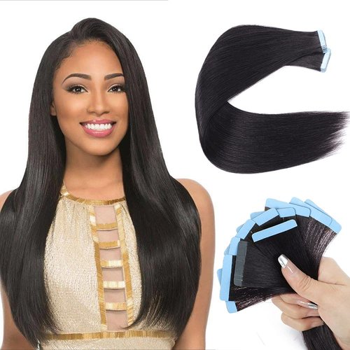 HUA Body Wave Tape in Hair Extensions Human Hair 40PCS Tape ins for Black Women Human Hair 20 Inch Double Sided Seamless PU Tape in Hair Extensions Natural Black 100% Human Hair Tape in Extensions