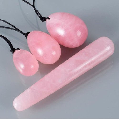 4Pcs Set Jade Yoni Eggs Stick,3 Pcs Drilled Natural Rose Quartz Crystal Jade Eggs Massage Stone + 1 Pcs Massage Stick for Women Kegel Exercise Strengthen Pelvic Floor Muscles