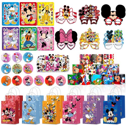 RUTERMY Mouse Party Favors, 110 PCS Mouse Party Supplies include Gift Bags, Make a Face Stickers, Slap Bracelet, Stickers, Button Pins, Paper Party Glasses, Best Gift Bag Filler for Themed Party