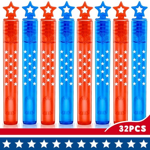 VKTEN 32Pcs 4th of July Mini Bubble Wands Patriotic Red White Blue Bubbles for Kids, Independence Day Party Favors Patriotic Decorations