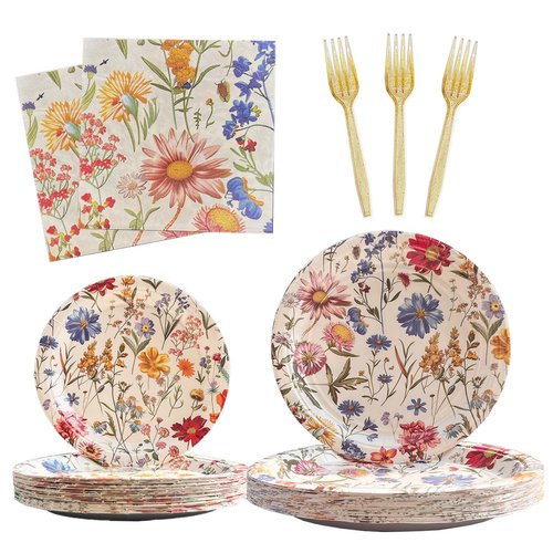 96 Pcs Wildflower Party Supplies Paper Plates and Napkins Spring Floral Baby Shower Disposable Birthday Tableware Decorations for Summer Picnic Wedding Tea Party, Serve 24 Guests