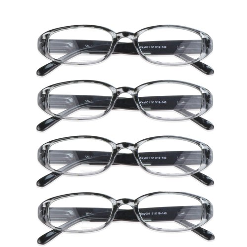 VisionGlobal 4 Pairs Reading Glasses with Spring Hinge, Blue Light Blocking Glasses for Women/Men (Black,+4.00 Magnification)