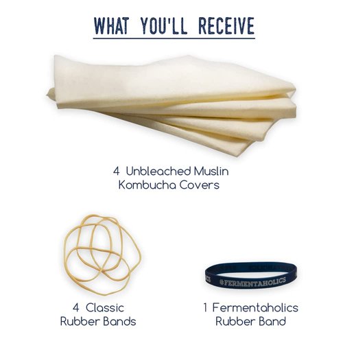 Unbleached Muslin Kombucha Covers - 4 Pack with Rubber Bands - 10" Square Fits Wide Variety Of Jar Openings - Tight Weave Keeps Flies Out - Let's Your Kombucha Breathe - Hand Wash