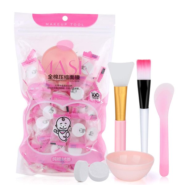 Pormasbenzer 100Pcs DIY Compressed Cotton Face Mask Sheet Grain, Dry Mask Paper Face Cotton Mask Sheet with Free of Mask Bowl, Mask Stick, Silicone Brush, Soft Bristle Brush