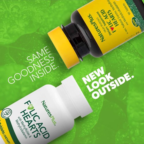 NaturesPlus Folic Acid Hearts (Methylfolate) - 400 mcg, 90 Vegetarian Tablets - with Vitamin B6 & Vitamin B12 (as Methylcobalamin) - Gluten-Free - 90 Servings