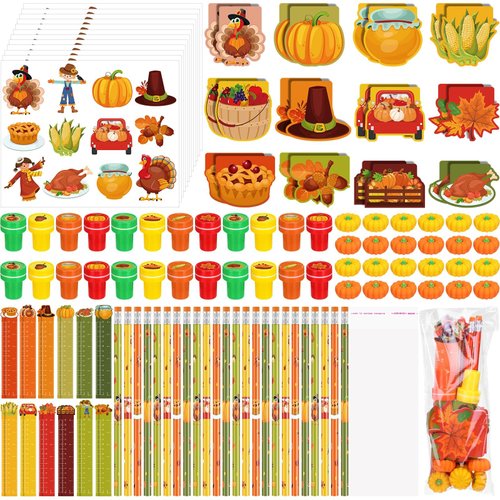 Cholemy 168 Pcs Thanksgiving Party Favors Fall Thanksgiving Stationery Set Supplies Bulk Thanksgiving Mini Notebook Pencils Erasers Rulers Stampers Stickers Gift Bags for Rewards Prizes