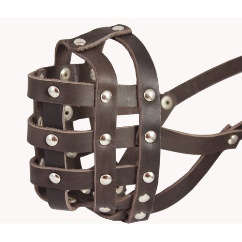 Genuine Leather Dog Basket Muzzle #108 Brown - Bulldog, Boxer (CircuSmference 13", Snout Length 2.5")